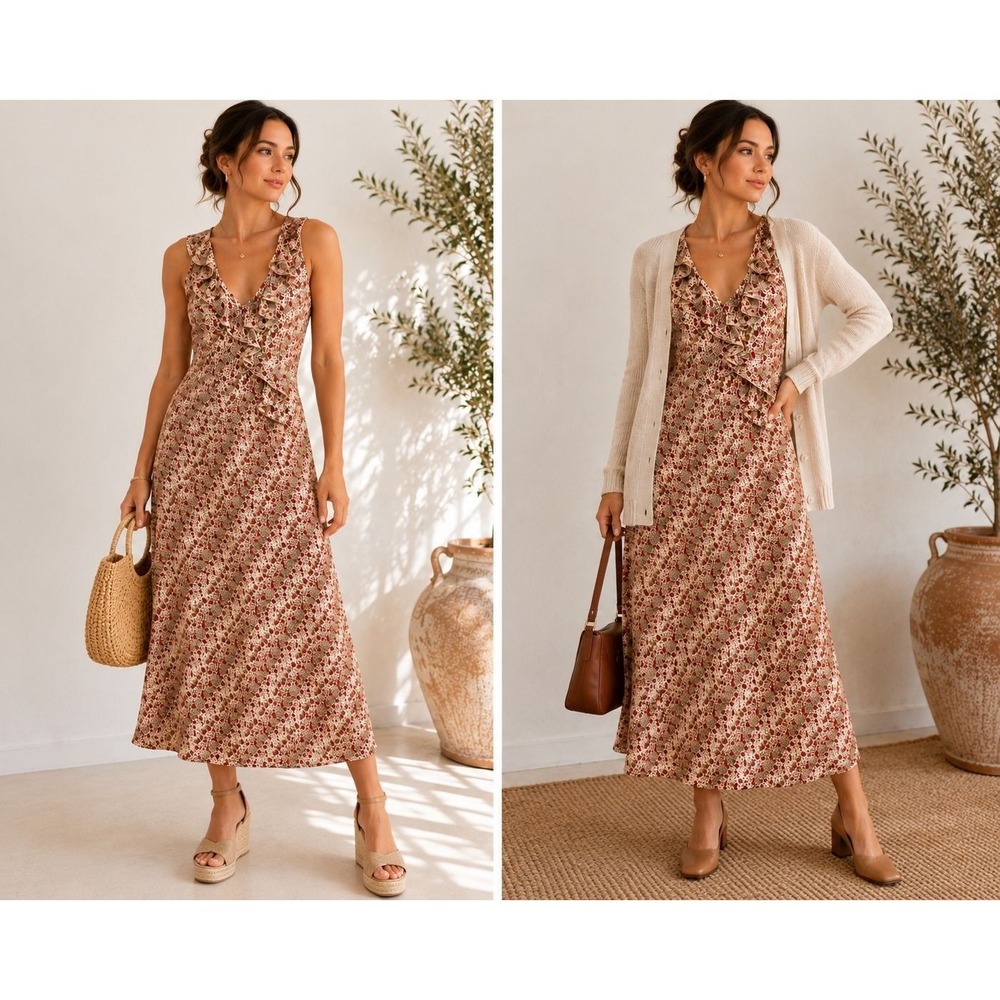 M 79. Vintage Y2K Paris Floral Leopard Print Ruffle Maxi Dress Cottagecore Boho
